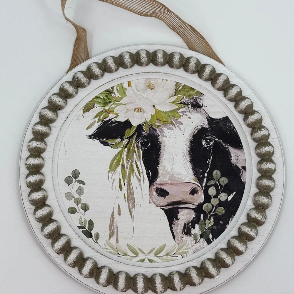Hobby Lobby Wall Decor Unisex 13in White Farmhouse Floral Cow Beaded Round Sign